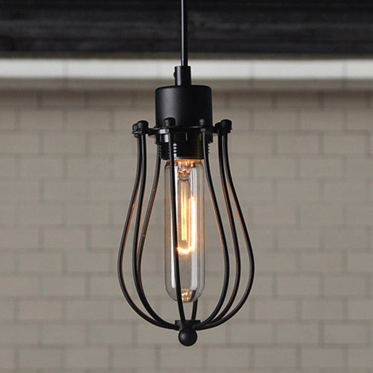 Industrial Cage Pendant Light With Metal Shade - Unique Hanging Lighting Fixture Black