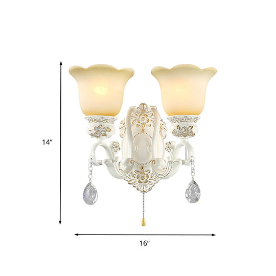 Traditional White Glass Wall Sconce Light With Scalloped Design - 1/2 Lights And Ivory Resin