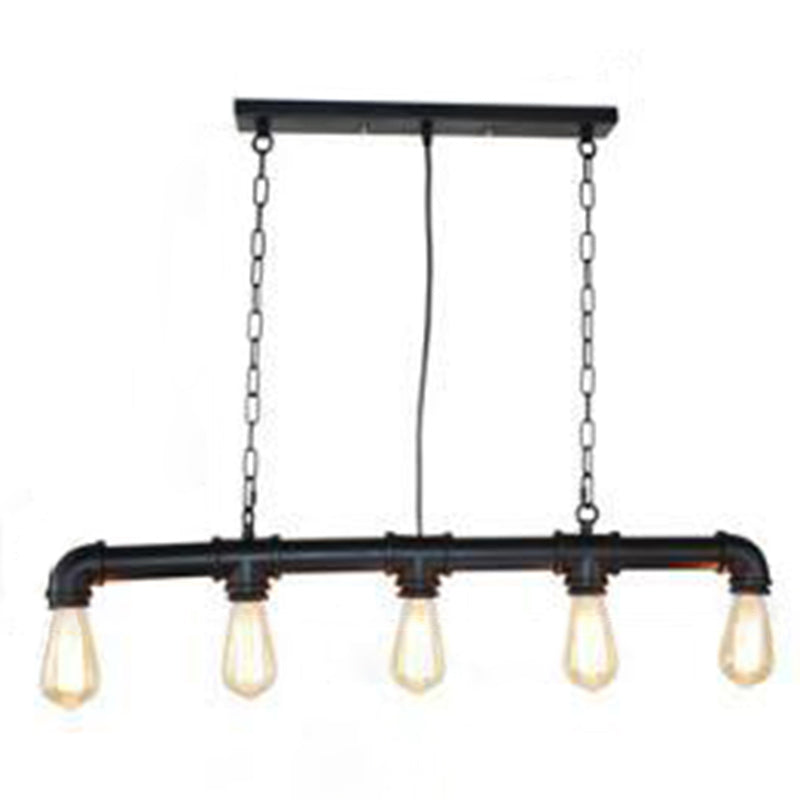 Retro Industrial Metal Tubular Island Pendant With Exposed Bulbs - 5-Light Lamp Black