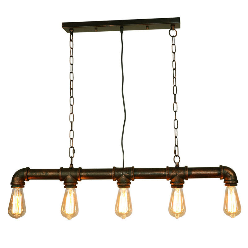 Retro Industrial Metal Tubular Island Pendant With Exposed Bulbs - 5-Light Lamp Rust