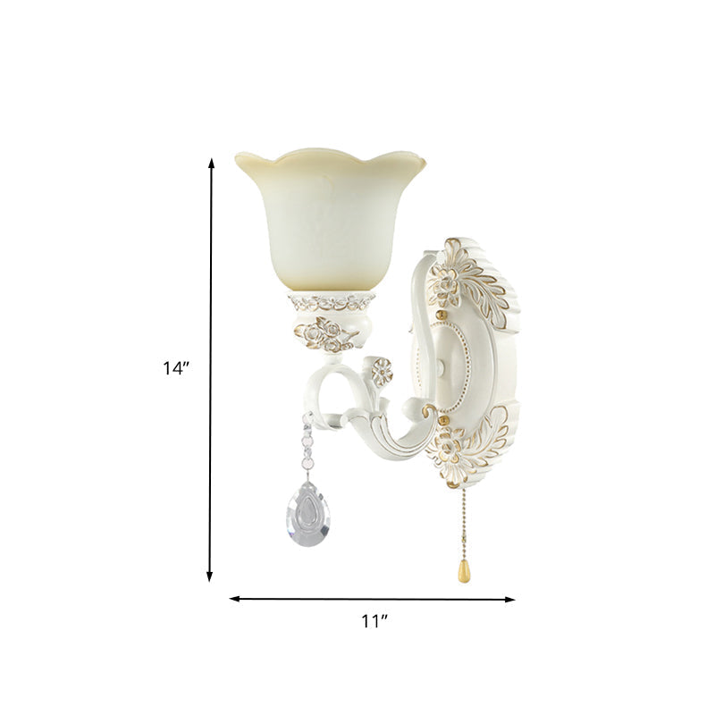 Traditional White Glass Wall Sconce Light With Scalloped Design - 1/2 Lights And Ivory Resin