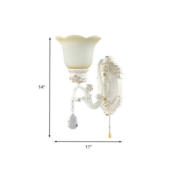 Traditional White Glass Wall Sconce Light With Scalloped Design - 1/2 Lights And Ivory Resin