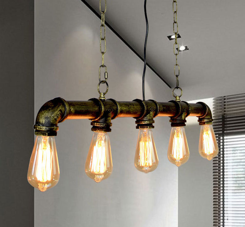 Retro Industrial Metal Tubular Island Pendant With Exposed Bulbs - 5-Light Lamp