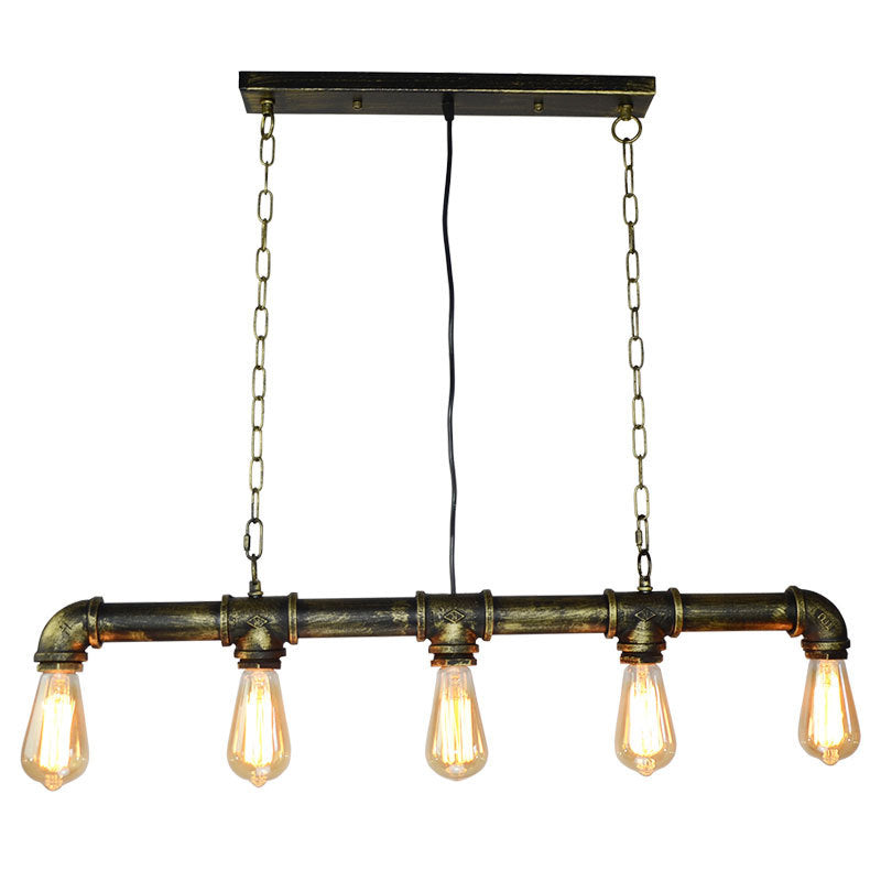 Retro Industrial Metal Tubular Island Pendant With Exposed Bulbs - 5-Light Lamp Bronze