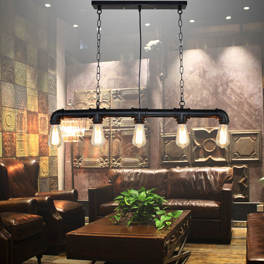 Retro Industrial Metal Tubular Island Pendant With Exposed Bulbs - 5-Light Lamp