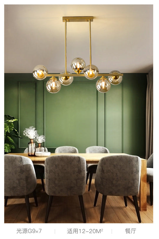 Mid-Century Modern Gold Metal Pendant With Spherical Amber Glass - Island Ceiling Light For Dining