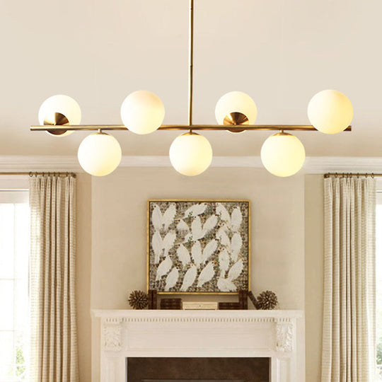 7-Light Modern Gold Metal Island Pendant With Spherical White Glass - Ideal For Dining Table