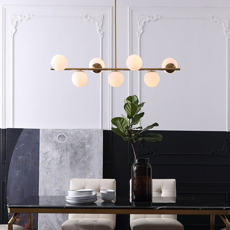 7-Light Modern Gold Metal Island Pendant With Spherical White Glass - Ideal For Dining Table