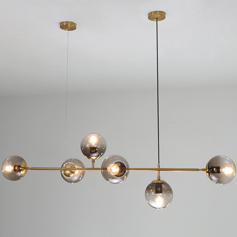 Modern Gold Metal Pendant Lighting - Spherical Smoke Glass With 6 Lights For Dining Table And