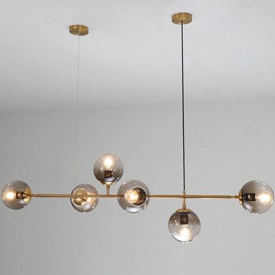 Modern Gold Metal Pendant Lighting - Spherical Smoke Glass With 6 Lights For Dining Table And