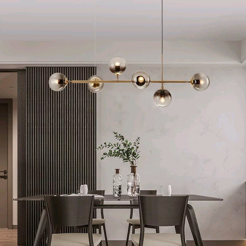 Modern Gold Metal Pendant Lighting - Spherical Smoke Glass With 6 Lights For Dining Table And