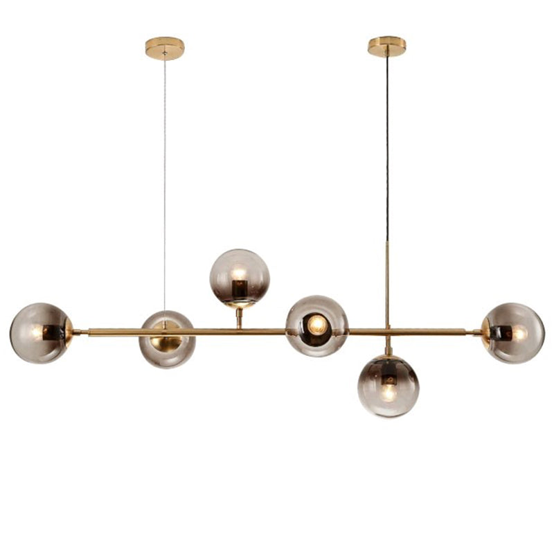 Modern Gold Metal Pendant Lighting - Spherical Smoke Glass With 6 Lights For Dining Table And