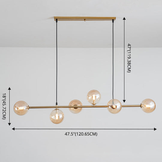 Modern Gold Metal Island Pendant Lighting With 6 Lights And Spherical Glass For Dining Table