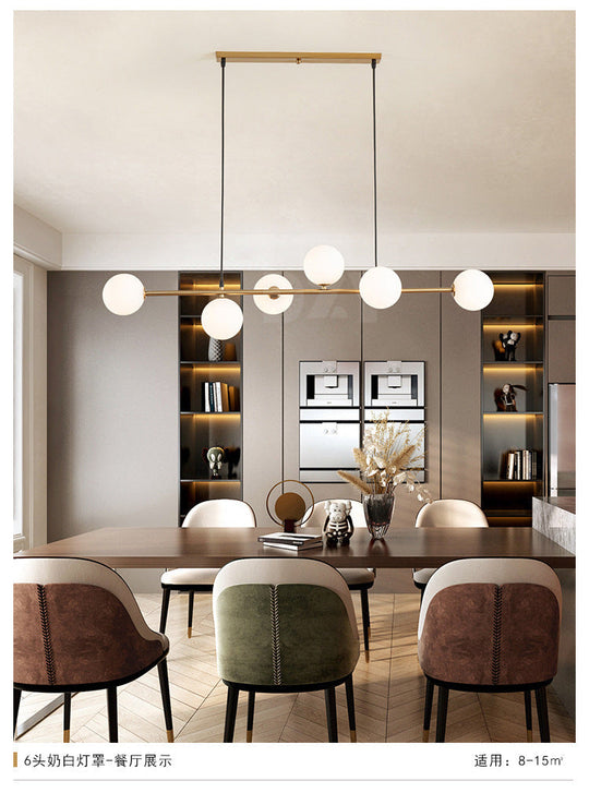 Modern Gold Metal Island Pendant Lighting With 6 Lights And Spherical Glass For Dining Table