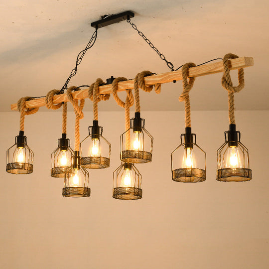 Rustic Hemp Rope Chandelier - Retro Industrial Pendant With Wire Cage For Restaurants 8 / Black