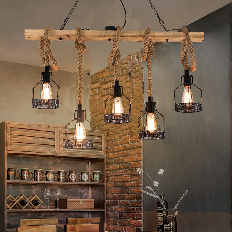 Rustic Hemp Rope Chandelier - Retro Industrial Pendant With Wire Cage For Restaurants