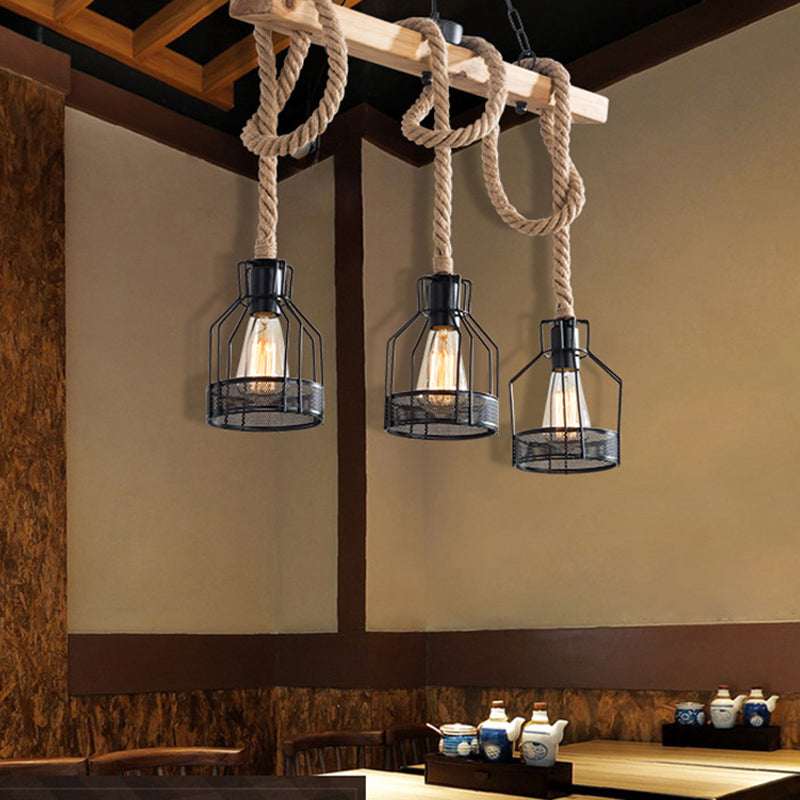 Rustic Hemp Rope Chandelier - Retro Industrial Pendant With Wire Cage For Restaurants 3 / Black