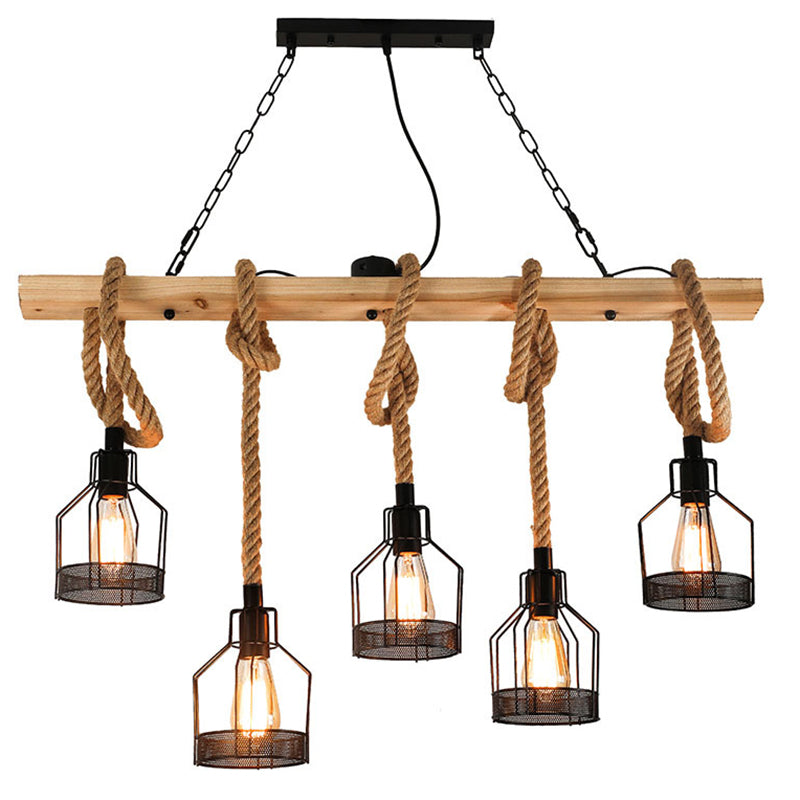 Rustic Hemp Rope Chandelier - Retro Industrial Pendant With Wire Cage For Restaurants