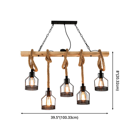 Rustic Hemp Rope Chandelier - Retro Industrial Pendant With Wire Cage For Restaurants