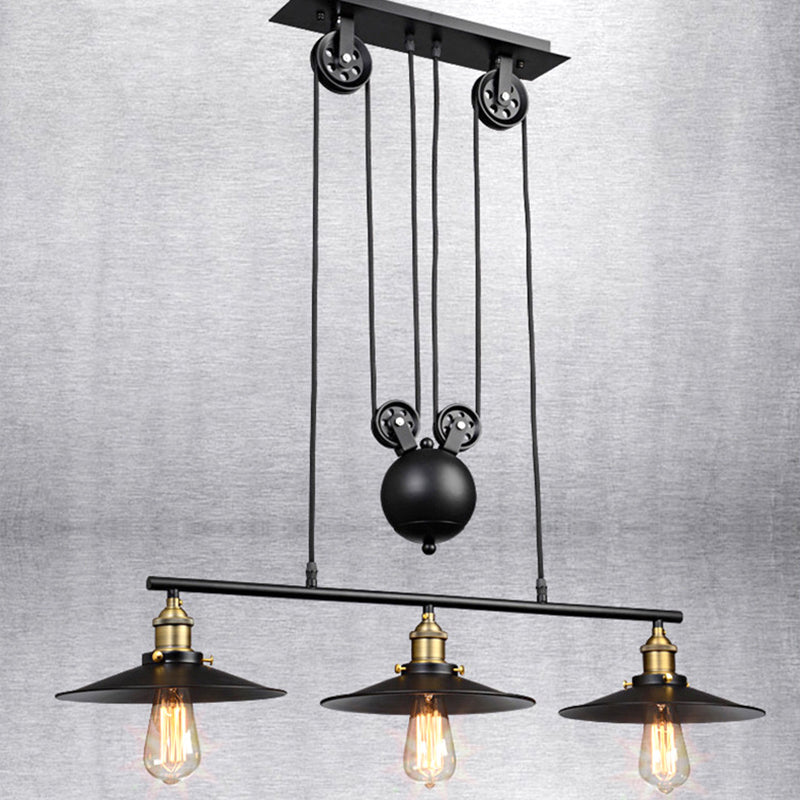 Industrial Metal Pulley Pendant Lighting With Black Cone Shades - Set Of 3 Island Lamps