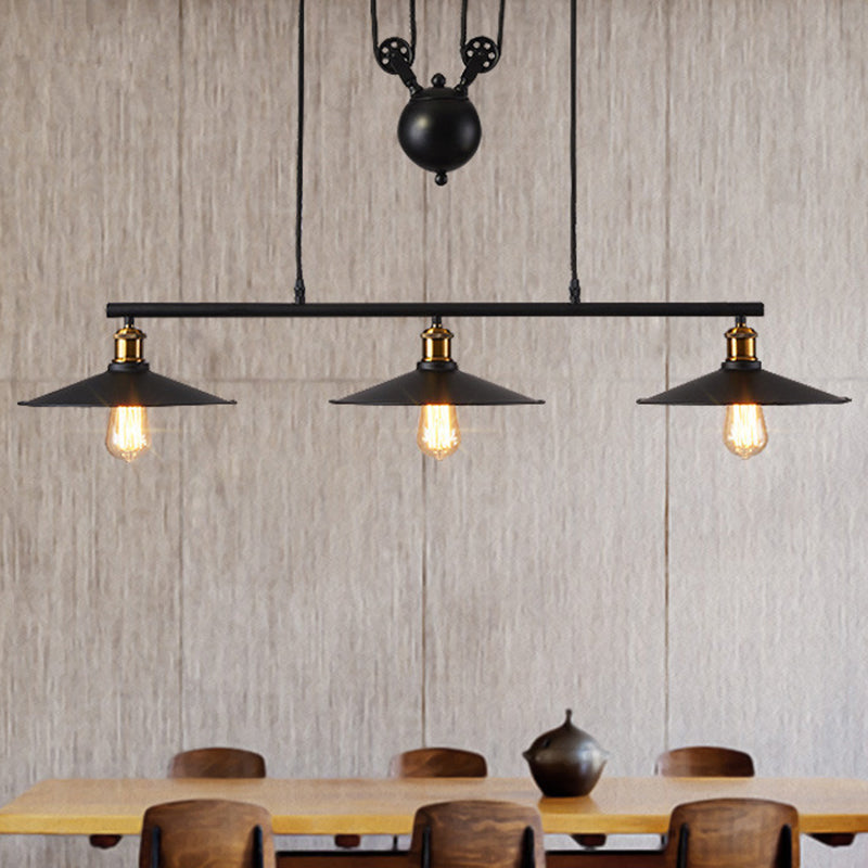 Industrial Metal Pulley Pendant Lighting With Black Cone Shades - Set Of 3 Island Lamps