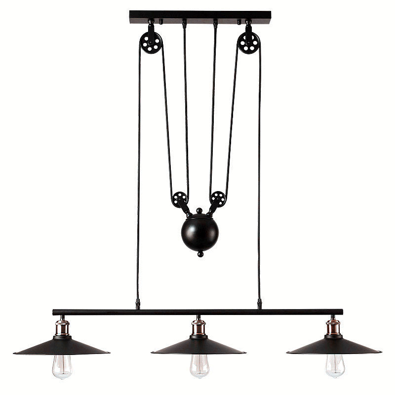 Industrial Metal Pulley Pendant Lighting With Black Cone Shades - Set Of 3 Island Lamps