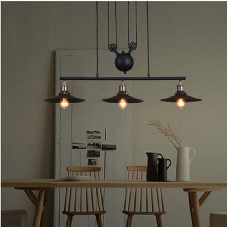 Industrial Metal Pulley Pendant Lighting With Black Cone Shades - Set Of 3 Island Lamps