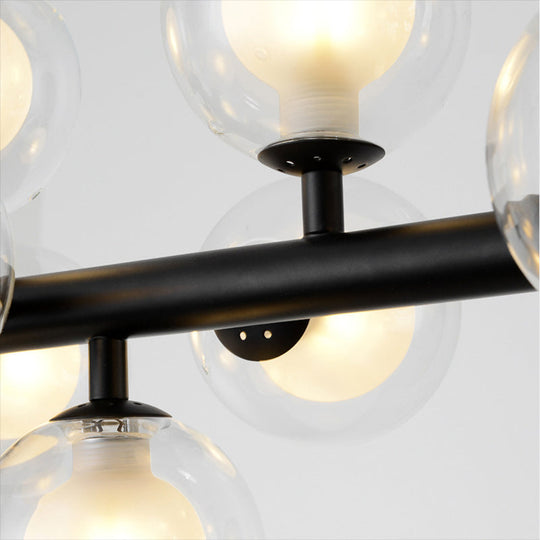 16-Light Modern Black Island Pendant - Spherical Glass Ceiling Light For Dining Table