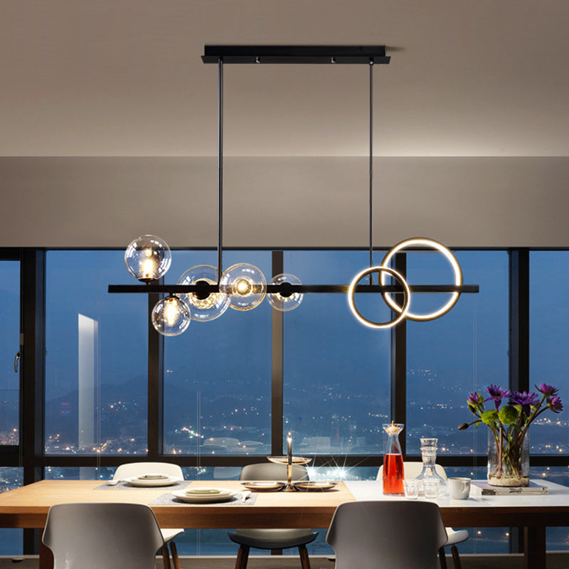 Modern 5-Light Black Metal Pendant Lighting With Spherical Glass For Dining Table