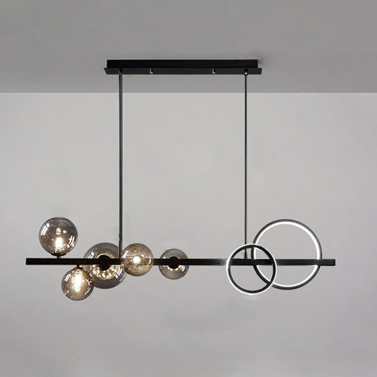 Modern 5-Light Black Metal Pendant Lighting With Spherical Glass For Dining Table Smoke Gray