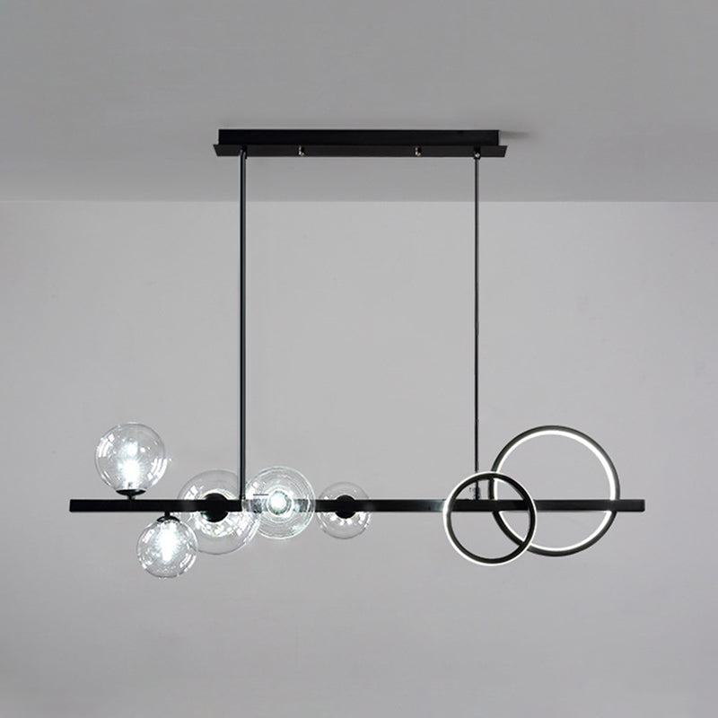 Modern 5-Light Black Metal Pendant Lighting With Spherical Glass For Dining Table Clear