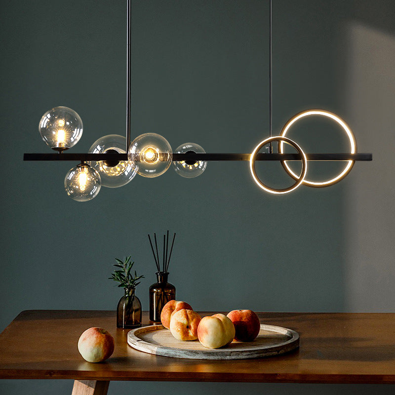 Modern 5-Light Black Metal Pendant Lighting With Spherical Glass For Dining Table