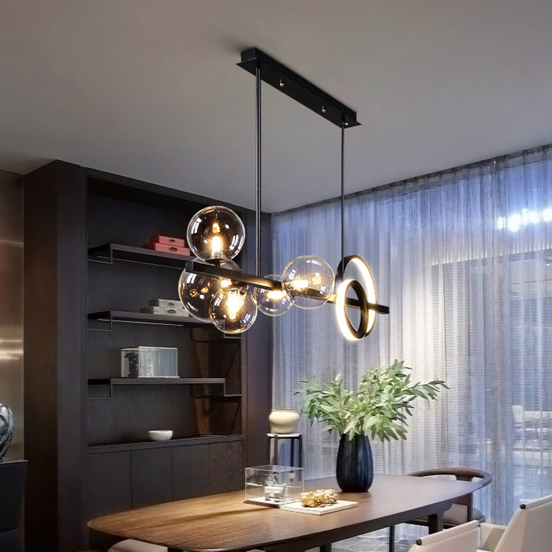 Modern 5-Light Black Metal Pendant Lighting With Spherical Glass For Dining Table