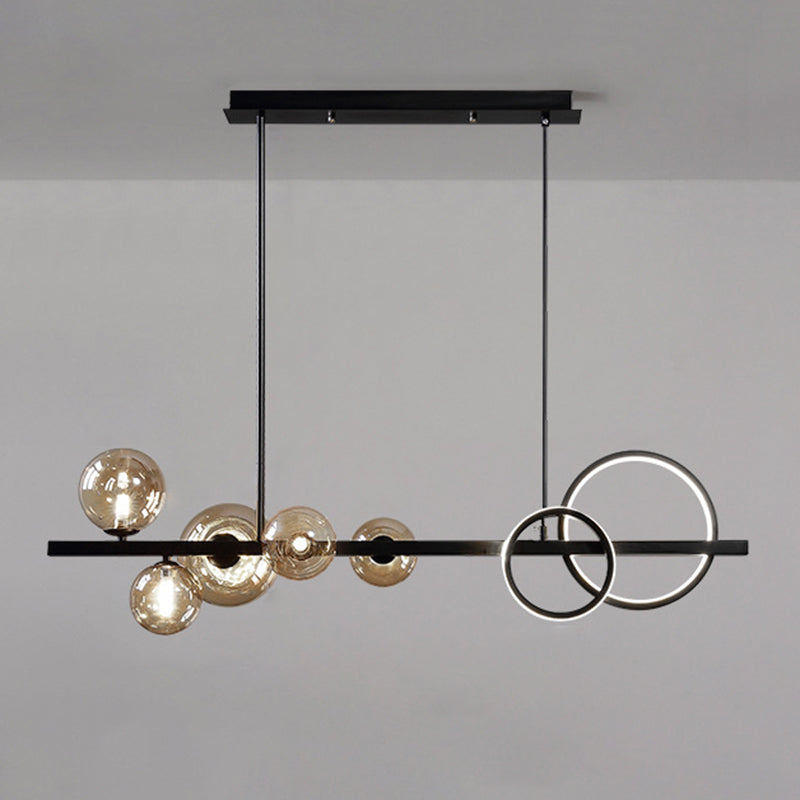 Modern 5-Light Black Metal Pendant Lighting With Spherical Glass For Dining Table Cognac