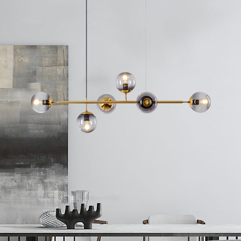 Modern Gold Metal Island Pendant Lighting With 6 Lights And Spherical Glass For Dining Table