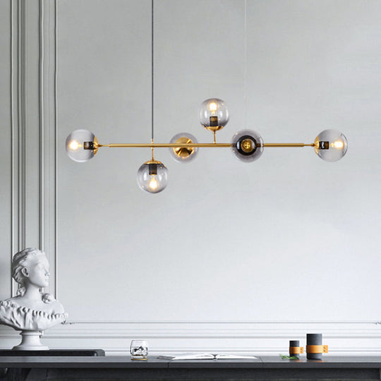 Modern Gold Metal Island Pendant Lighting With 6 Lights And Spherical Glass For Dining Table