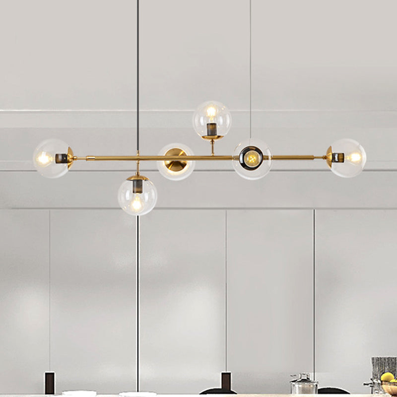 Modern Gold Metal Island Pendant Lighting With 6 Lights And Spherical Glass For Dining Table