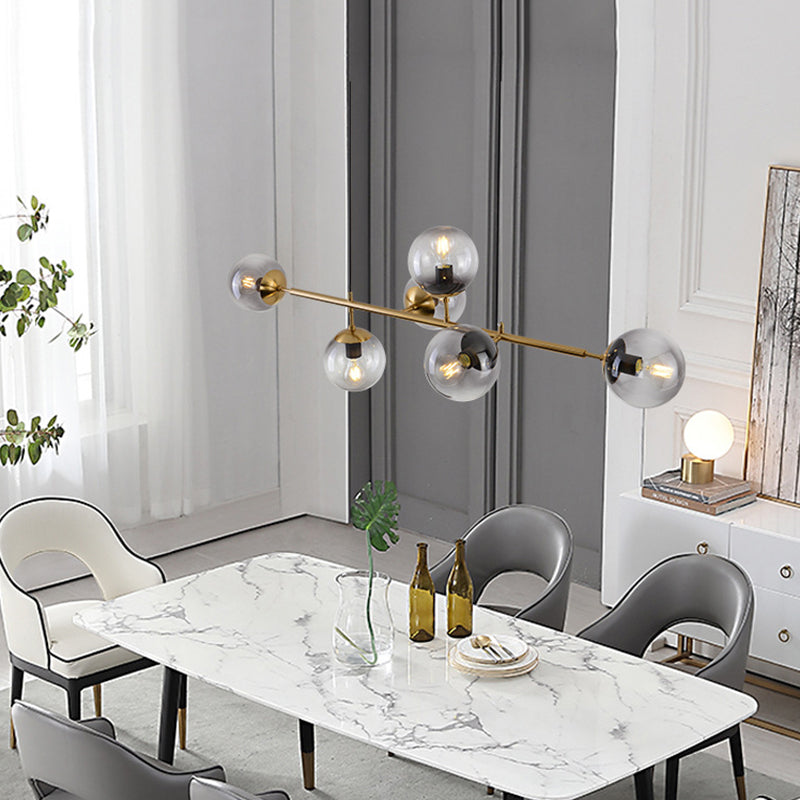 Modern Gold Metal Island Pendant Lighting With 6 Lights And Spherical Glass For Dining Table