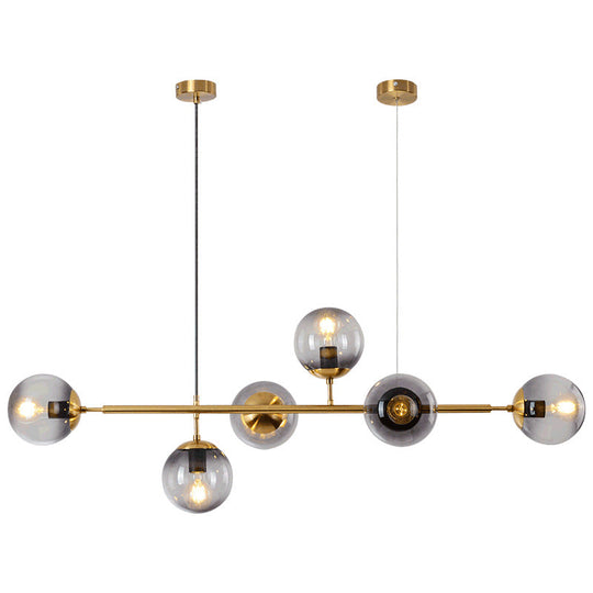 Modern Gold Metal Island Pendant Lighting With 6 Lights And Spherical Glass For Dining Table