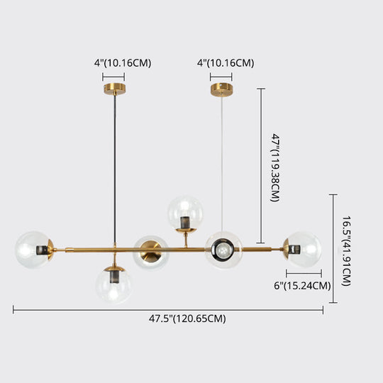 Modern Gold Metal Island Pendant Lighting With 6 Lights And Spherical Glass For Dining Table