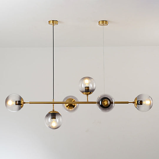 Modern Gold Metal Island Pendant Lighting With 6 Lights And Spherical Glass For Dining Table