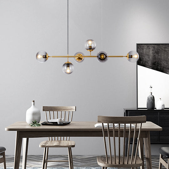 Modern Gold Metal Island Pendant Lighting With 6 Lights And Spherical Glass For Dining Table