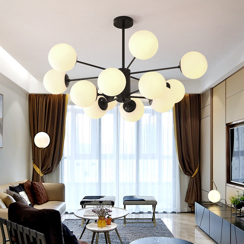 Black Metal Hanging Chandelier Light With Spherical Glass Shade For Modern Bedroom