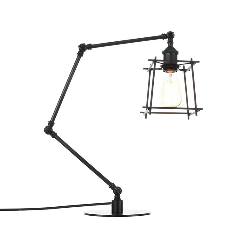 Vintage Metal Trapezoid Cage Table Lamp With Adjustable Arm - Black/Brass Finish