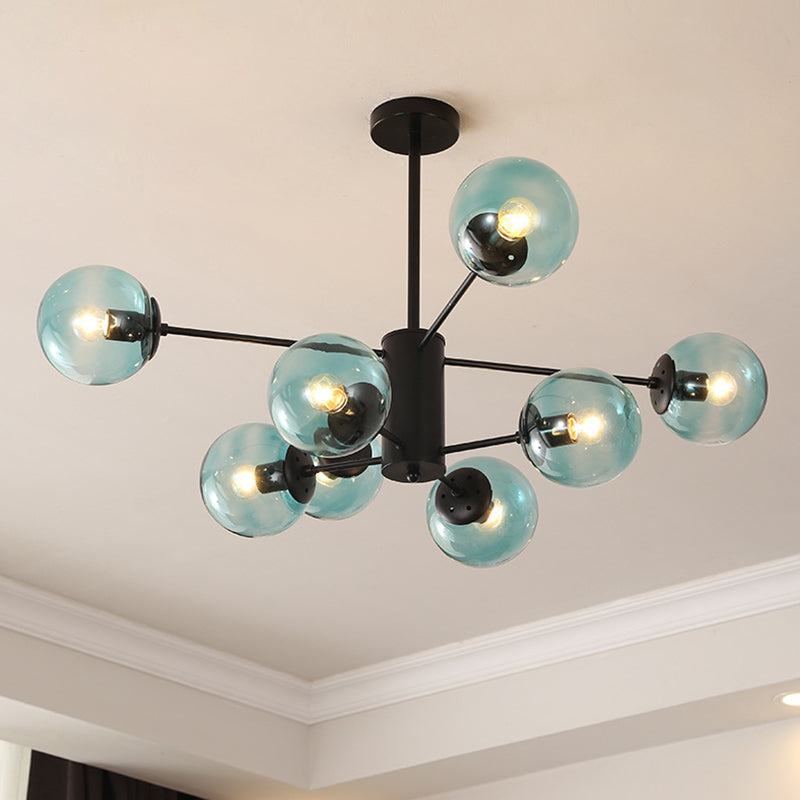 Black Metal Hanging Chandelier Light With Spherical Glass Shade For Modern Bedroom 8 / Blue