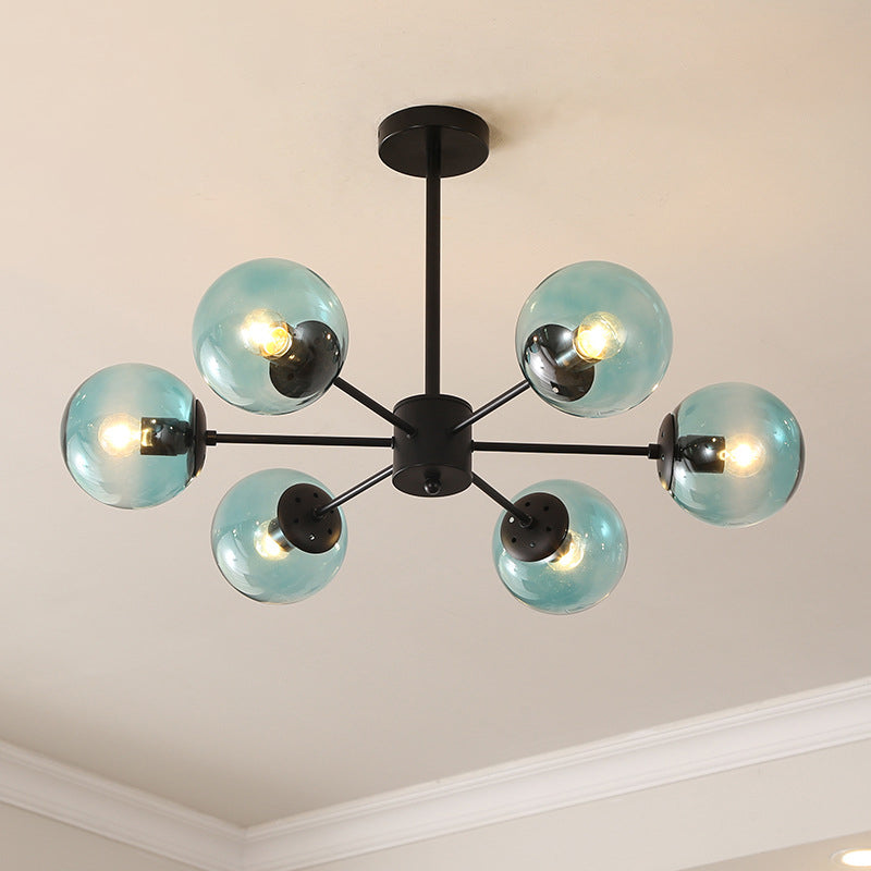 Black Metal Hanging Chandelier Light With Spherical Glass Shade For Modern Bedroom 6 / Blue