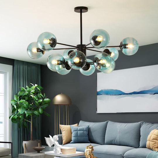 Black Metal Hanging Chandelier Light With Spherical Glass Shade For Modern Bedroom