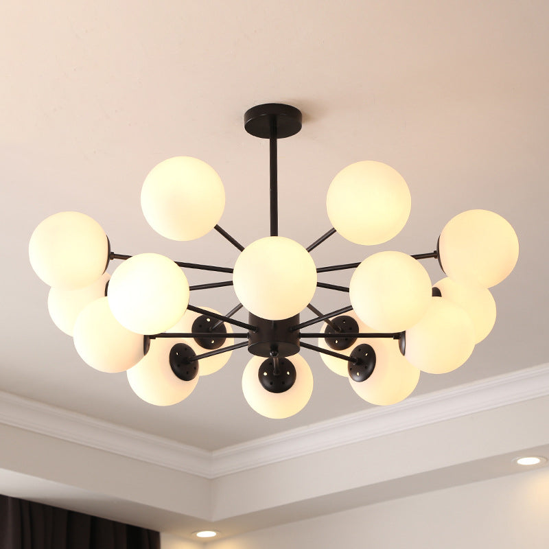 Black Metal Hanging Chandelier Light With Spherical Glass Shade For Modern Bedroom 16 / Milk White