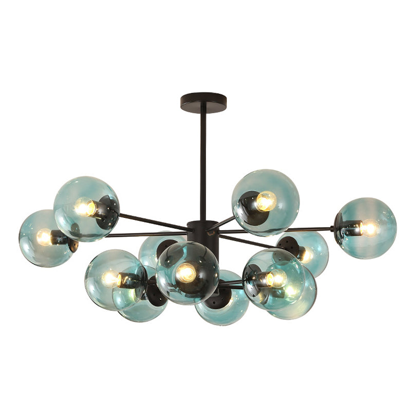 Black Metal Hanging Chandelier Light With Spherical Glass Shade For Modern Bedroom