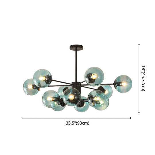 Black Metal Hanging Chandelier Light With Spherical Glass Shade For Modern Bedroom